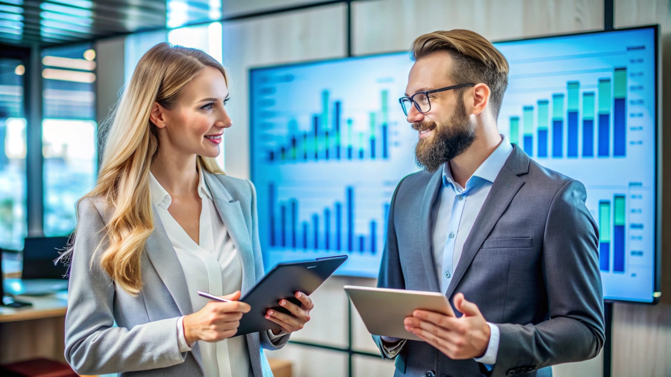 Business partners discussing ideas while looking at charts on a screen.